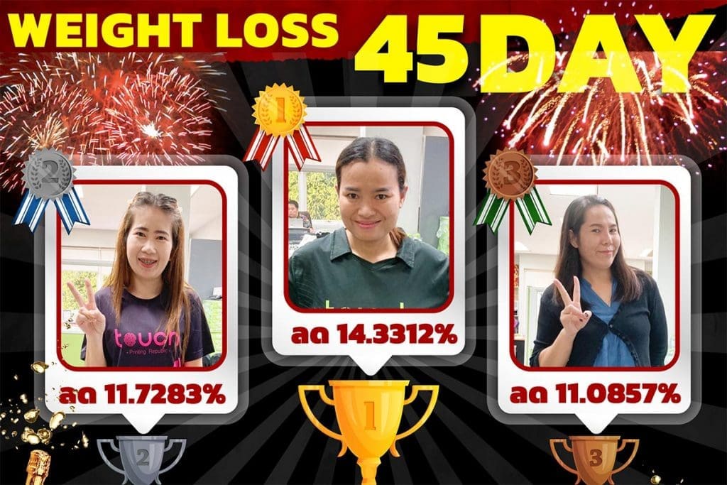 ลดน้ำหนัก กิจกรรม weight loss 45 days สานสัมพันธ์พนักงาน สันทนาการ ประกาศผล สุขภาพ รางวัล inkspa touch printing