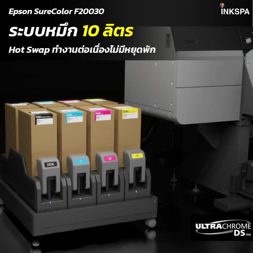 Epson F20030 เครื่องพิมพ์ซับลิเมชั่นระดับอุตสาหกรรม Epson F20030 หัวพิมพ์ PrecisionCore MicroTFP 8 หัว ในเครื่อง Epson F20030 ระบบหมึก 10 ลิตรของเครื่อง Epson F20030 ระบบฮีตเตอร์อบแห้งในตัวของ Epson F20030 รองรับม้วนกระดาษ Jumbo Roll ด้วยเครื่องพิมพ์ Epson F20030